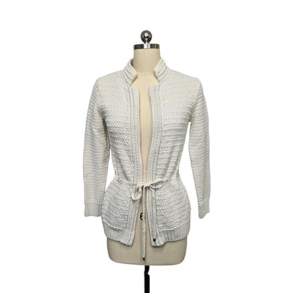 St. John Sweaters - St. John Sweater Womens Petite Ivory Textured Knit Cardigan Tie Waist Open Front